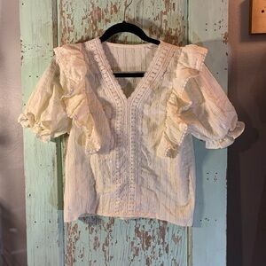 Women’s ruffled ss blouse lace embellishment. No size/brand cream color